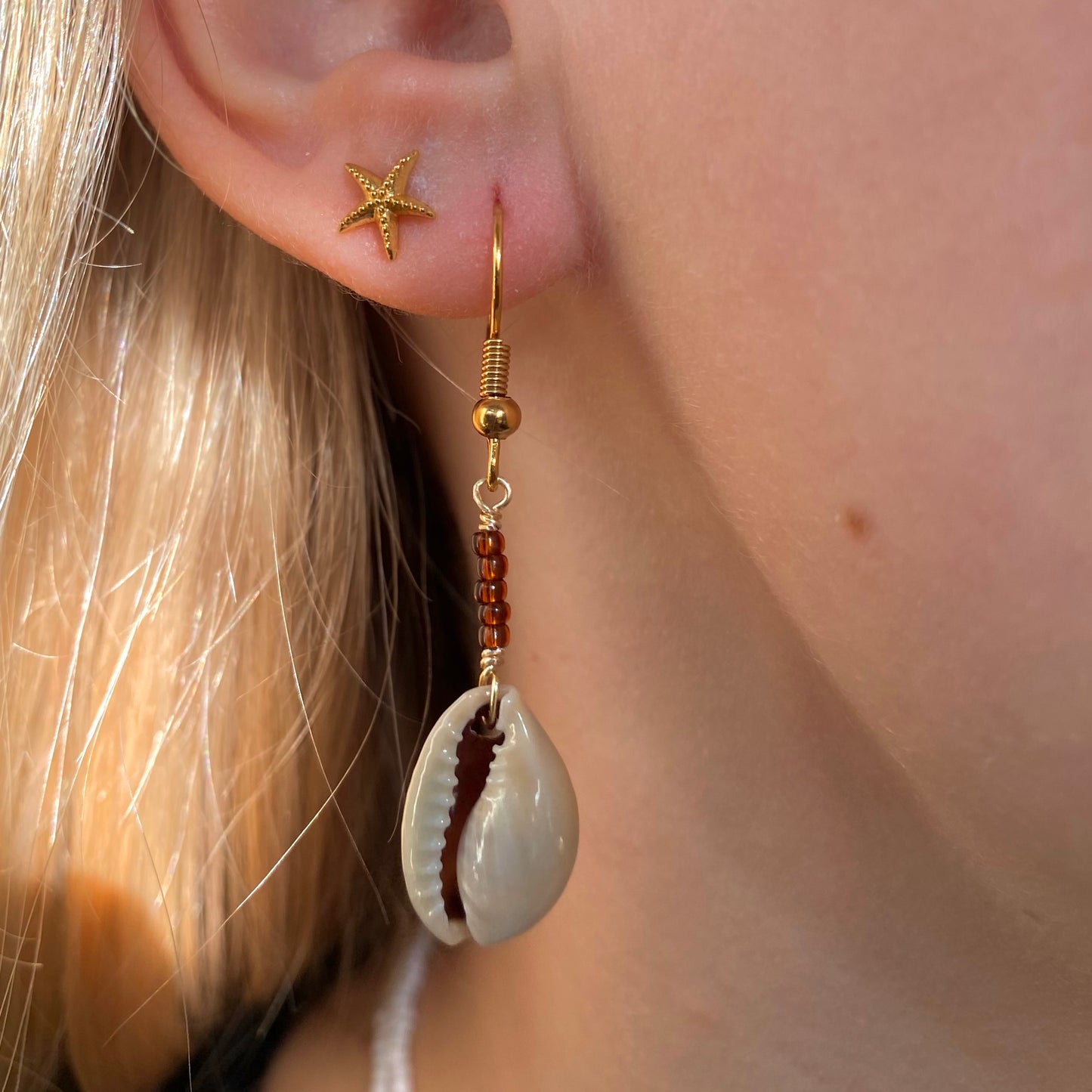 beaded dangly shell earrings
